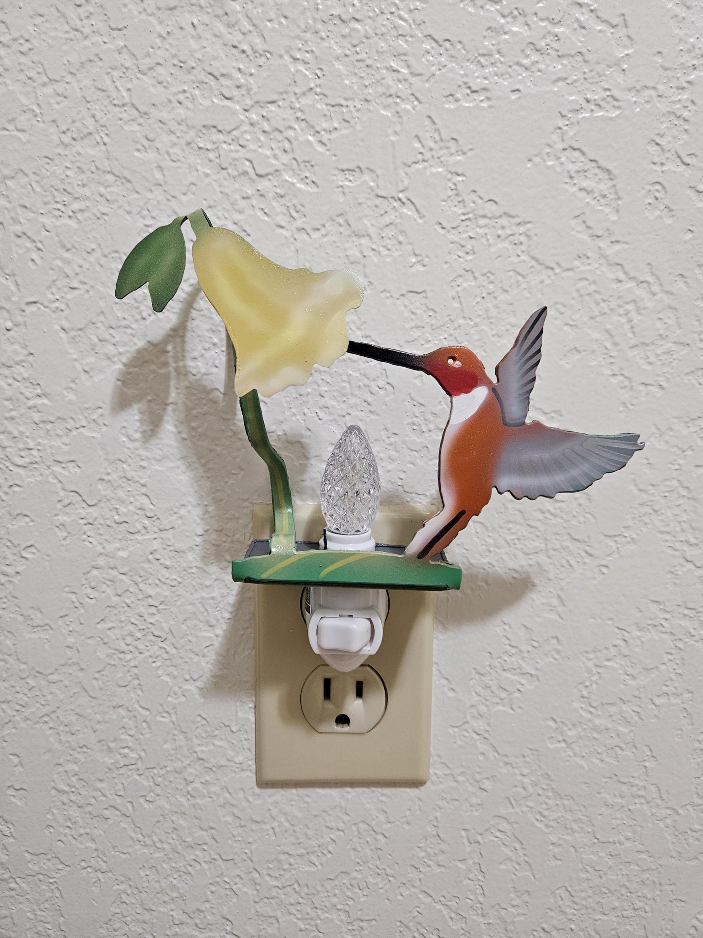 Rufous Hummingbird Feeding from a Yellow Trumpet Flower- Night Light- Made from durable, Hand-painted steel