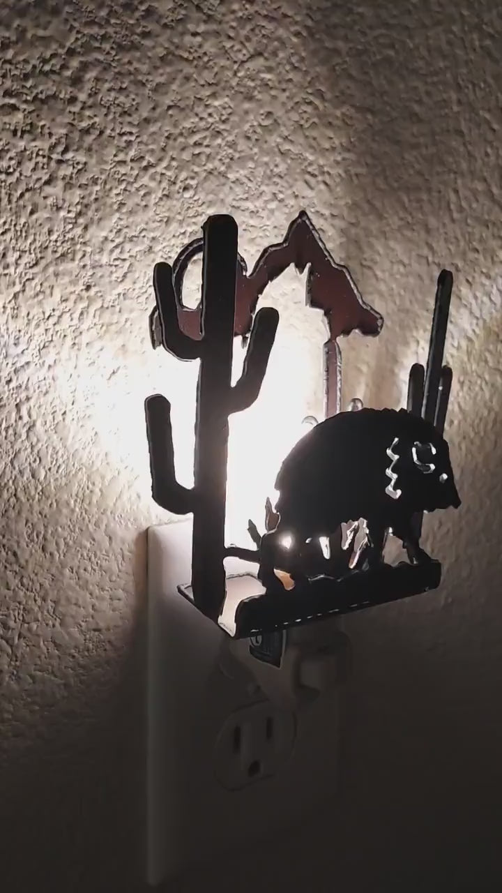 Javelina in the Saguaro Desert Night Light Made Out of Rusted Steel