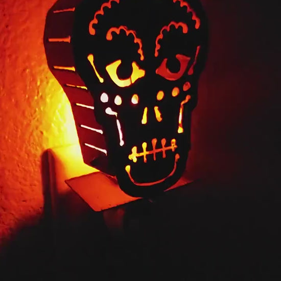 Sugar Skull Night Light Art Made out of Black Steel with Flickering Flame Bulb