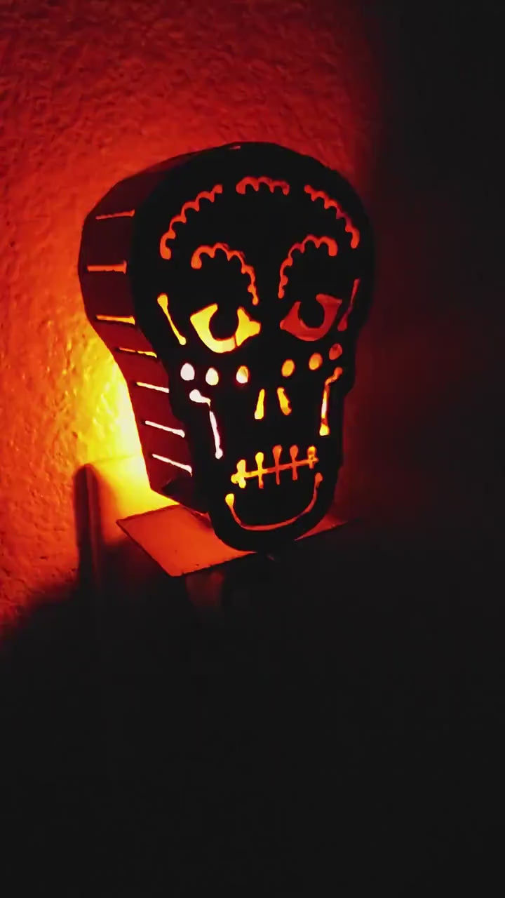 Sugar Skull Night Light Art Made out of Black Steel with Flickering Flame Bulb