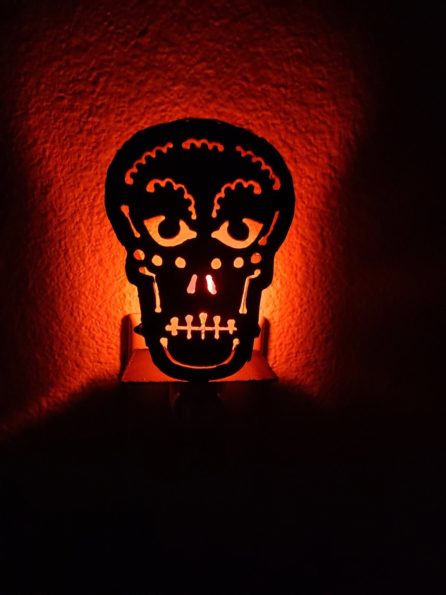 Sugar Skull Night Light Art Made out of Black Steel with Flickering Flame Bulb