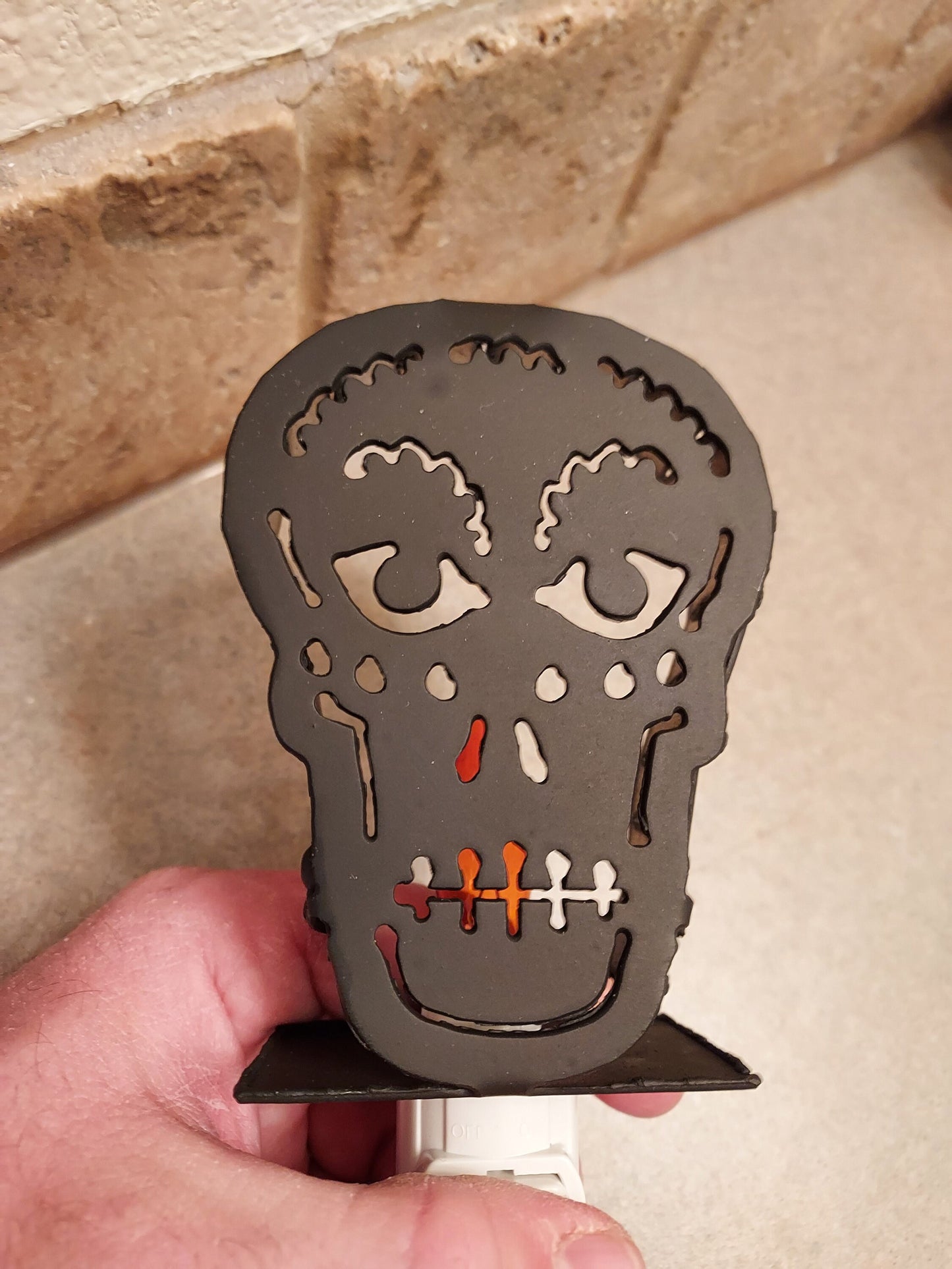 Sugar Skull Night Light Art Made out of Black Steel with Flickering Flame Bulb